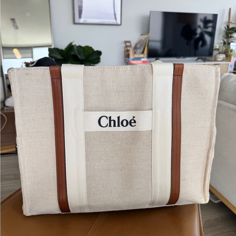 Chloé Natural Canvas Tote with Brown Trim